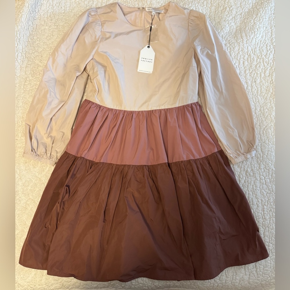 English Factory Cream and Pink Tiered Sundress with Bishop Sleeves